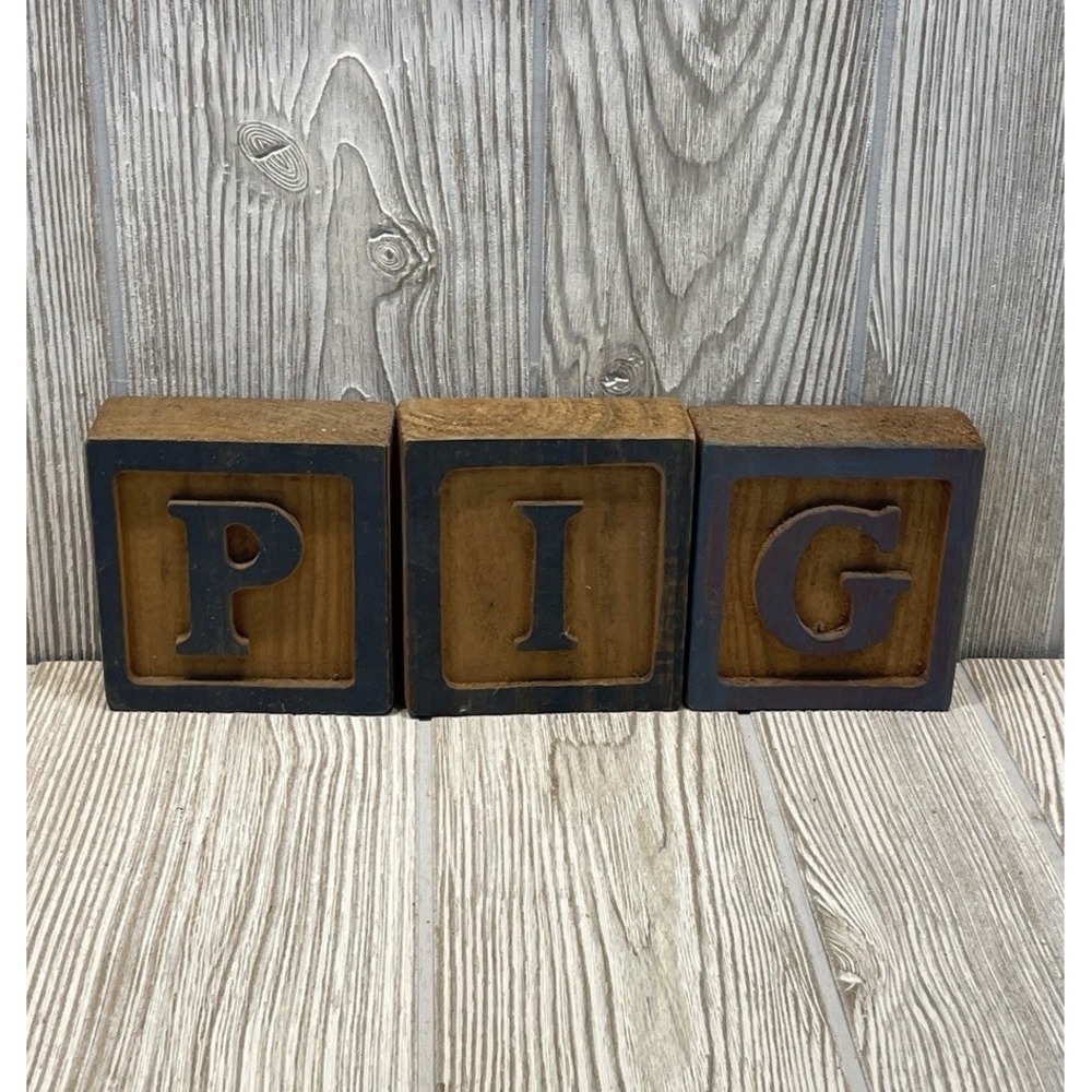 Vintage PIG Primitive Handmade Blocks Jumbo Wooden Set Of 3 Letters P, I, G 3.5"